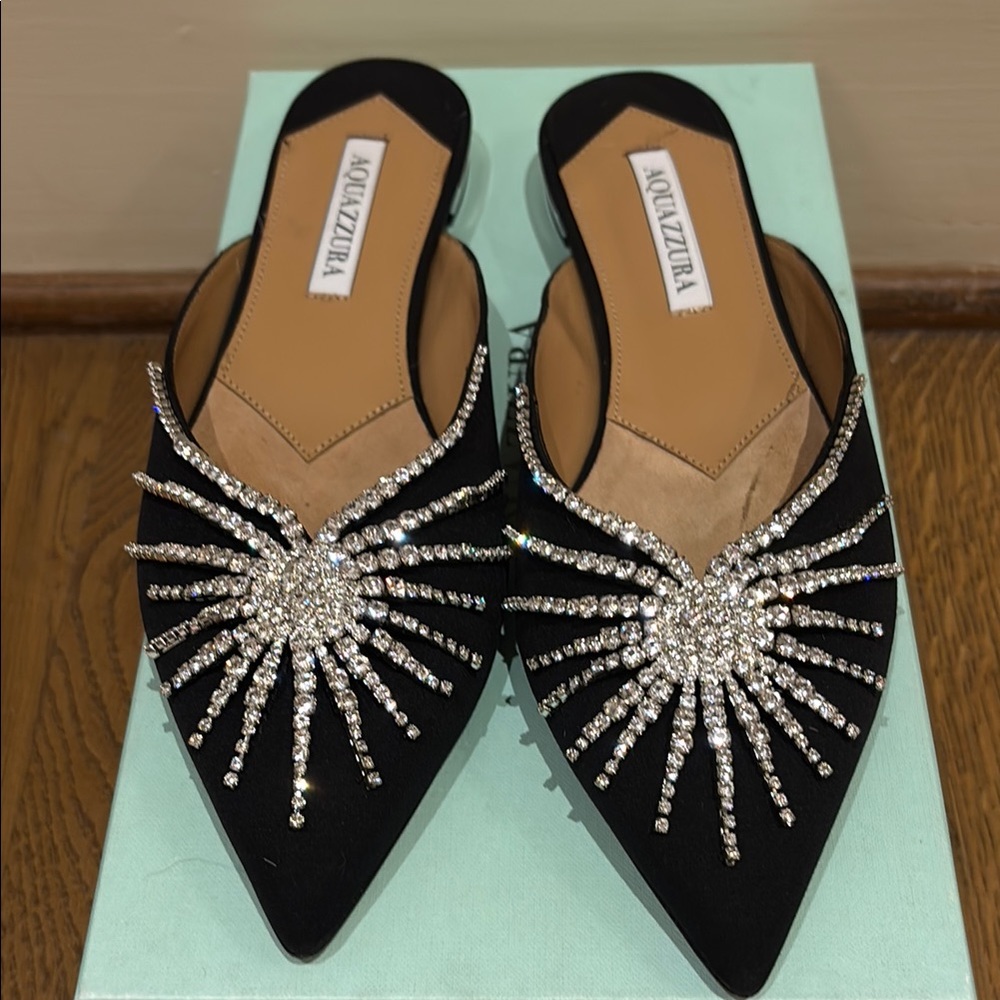 Aquazzura Black Rhinestone Embellished sunshine flat 39.5